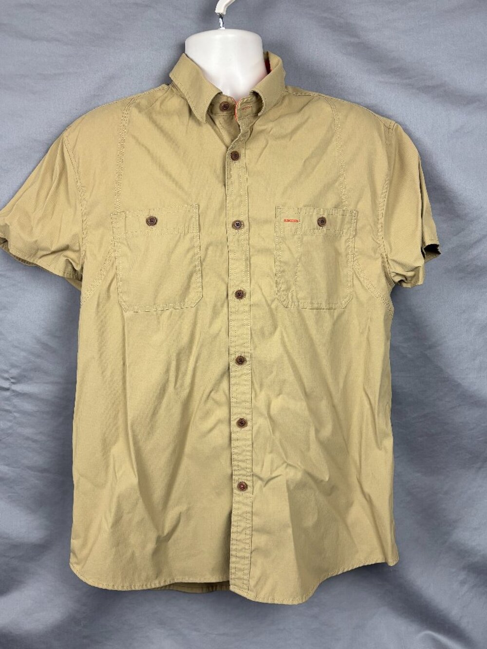 Mens Outdoor Fishing Shirt Khaki Short Sleeve Button Up Ripstop Hiking L Utility
